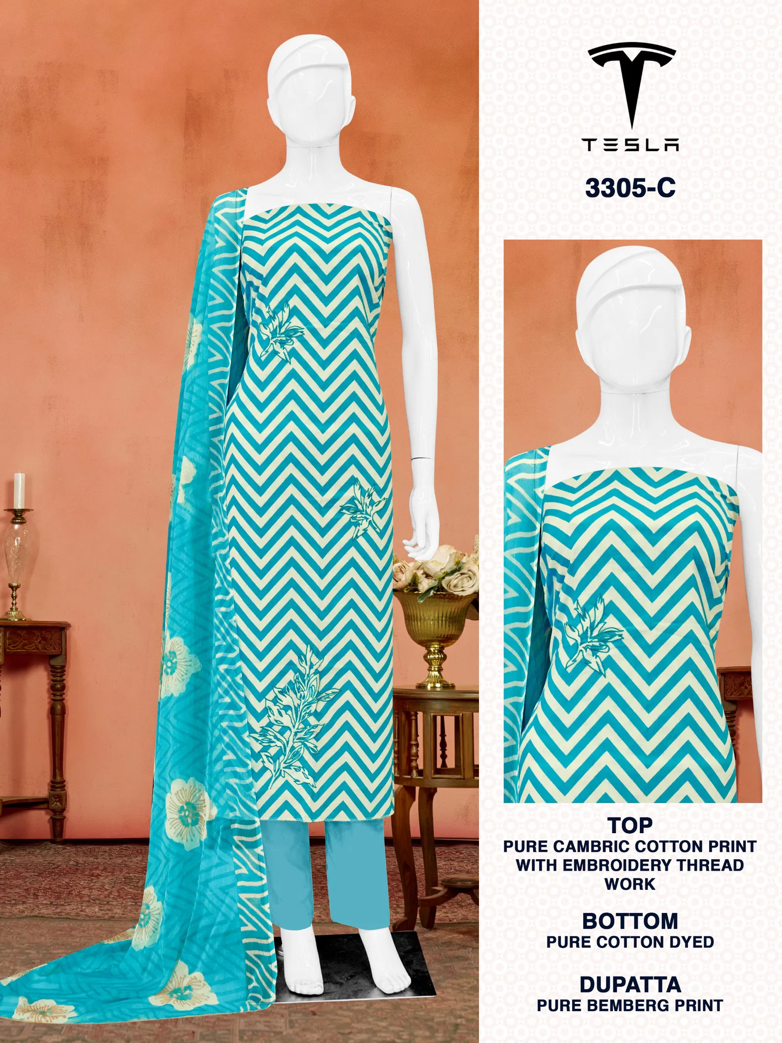 Tesla  3305 By Bipson Pure Cotton Print With Embroidery Dress Material Wholesale Suppliers In Mumbai